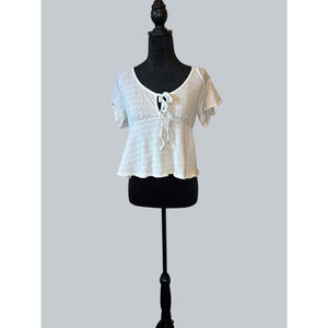 Mi Ami White Short Sleeve Smocked Top with Tie Detail - XL